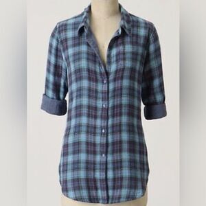 EUC Fei Blue Plaid XS Shirt Flannel Anthropolgie